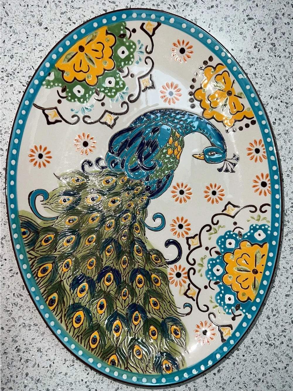 Artistic Accents Hand-Painted Platter & Bowl Peacock Coastline Imports EUC